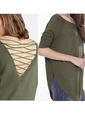 EXPRESS Lace Up Back Circle Hem Sweater Olive Green 3/4 Sleeve Lattice Cotton S